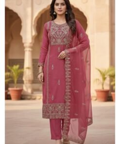 Matte Cotton Suit Set with Organza Dupatta – Peach